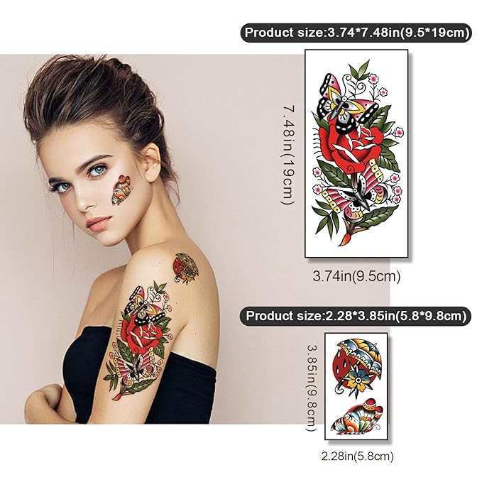 77 sheets Classic Temporary Tattoos Adult, Old School Tattoos Stickers, Sailor Jerry Style Fake Tattoo, American Traditional Flower Rose Arm Temporary Tattoos for Women Men Kids