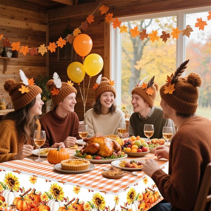 Fall Tablecloth, 2 Pack Thanksgiving Tablecloths Pumpkin Maple Leaves Plastic Table Cloth Disposable Rectangle Plaid Autumn Table Cover for Thanksgiving Day Party Decorations Tables Decor, 54x108 Inch