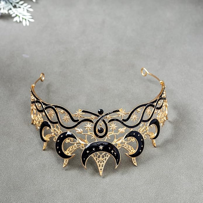 Gothic Black Moon Star Tiara Crown for Women Girls, Retro Celestial Witch Headpiece with Crescent Moon and Stars, Costume Cosplay Halloween Party Prom Wedding Birthday Accessories