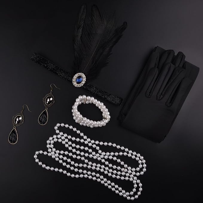 FEPITO 8-Piece 1920s Flapper Great Gatsby Accessories Set - Fashion Roaring 20's Theme with Headband, Headpiece, Long Black Gloves, Necklace, Earrings for Women