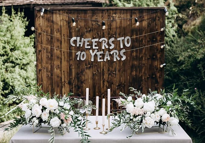 Cheers to 10 Years Silver Glitter Banner - 10th Anniversary and Birthday Party Decorations