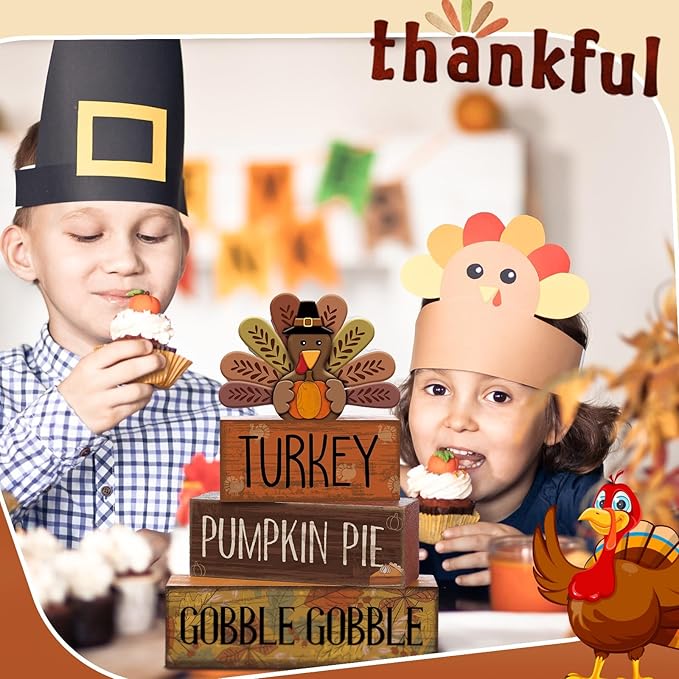 4 Pcs Thanksgiving Decorations for Home Wooden Turkey Decor Fall Tiered Tray Decor Thanksgiving Table Centerpiece Rustic Wooden Turkey Block Sign for Autumn Harvest Party Kitchen Shelf