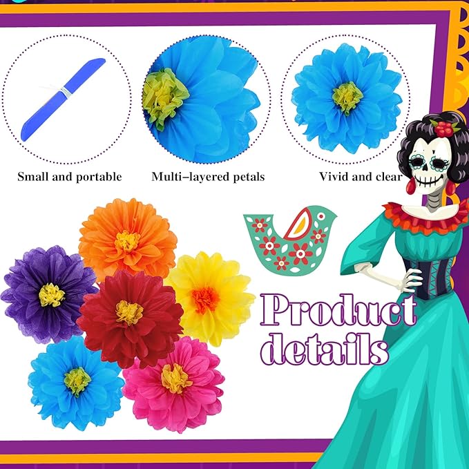 Geyee 108 Pcs Mexican Paper Flowers Colorful Fiesta Tissue Paper Flowers Pom Poms Mexican Carnival for Floral Party Backdrop Wedding Birthday Party Craft (6" 8" 10")