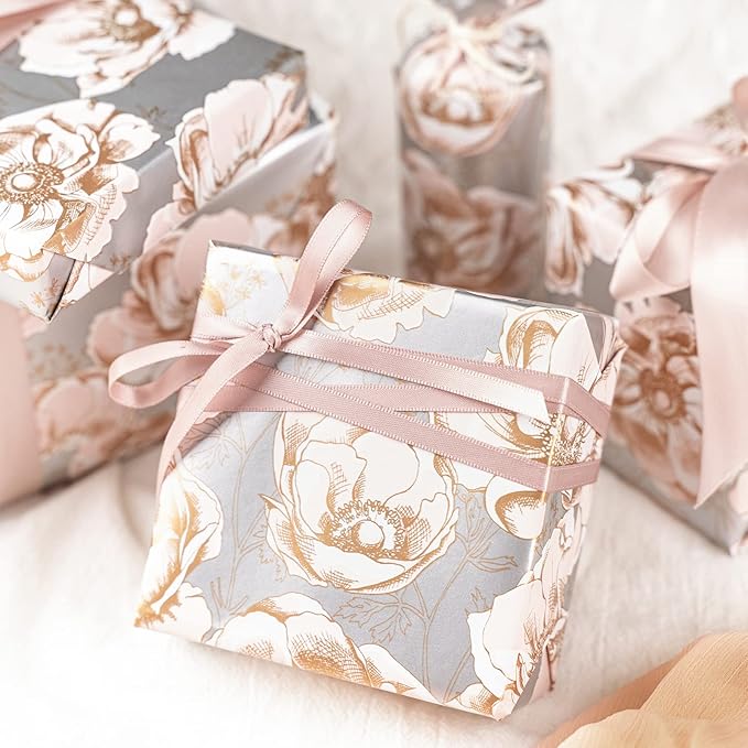 WRAPAHOLIC Reversible Floral Wrapping Paper - Mini Roll - 17 Inch X 33 Feet - Elegant Pink Wedding Wrapping Paper for Birthday, Bridal Shower, Baby Shower