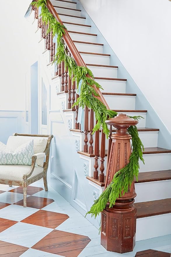 Faux Norfolk Pine Christmas Garland – Real Touch Greenery Artificial Cedar Christmas Garland for Fireplace Mantel, Staircase, Door Frame, Holiday Indoor Winter Décor (9FT-2Pack)