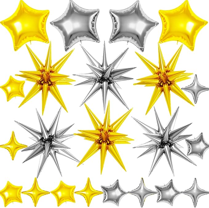 22 Pcs Star Balloons,22/18/10 Inch Star Foil Mylar Balloon,Spike Balloon and Four Pointed Balloons for Party Supplies Christmas Birthday Wedding Photo Booth (Gold Silver)
