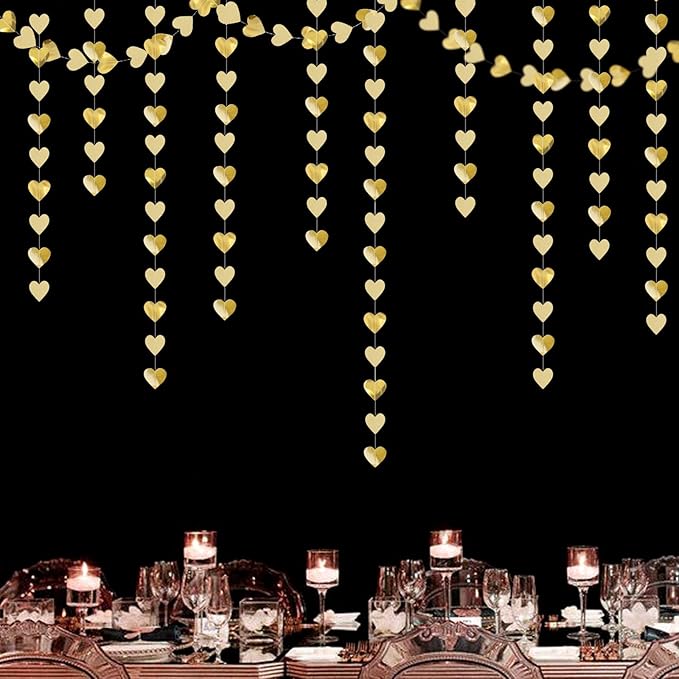 Glitter Champagne-Gold Engagement Party-Decorations Heart-Garland - 52ft Hanging Streamers Banner,Anniversary Wedding Bachelorette Bridal Shower Birthday Christmas housewarming Backdrop Decor Burgleda