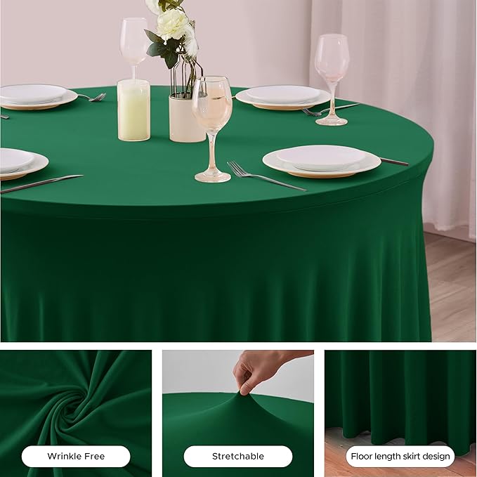 HolidayIdeas 6 Pack Hunter Green Spandex Table Skirts for 60 Inch Round Tables, Fitted Covers for Christmas Receptions