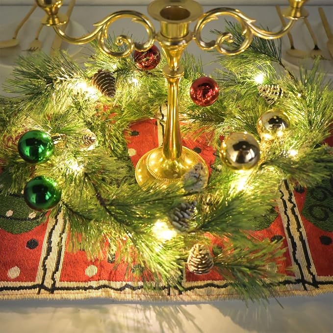 Christmas Garland Lights with Christmas Balls 6.56FT 30 LED Fairy Lights Battery Operated Smokey Pine Garlands with Pine Cones Greenery Garland Wreath for Xmas Tree Holiday Home Mantle Door Decoration