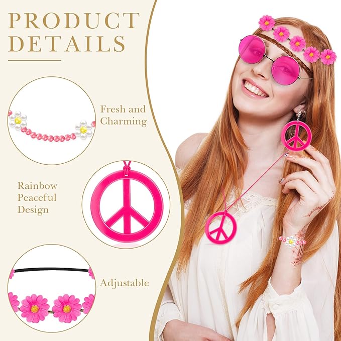Batiyeer 6 Pcs Hippie Costume Accessories Set, Boho Peace Sign Daisy Flower 60s 70s Party Favors Decor for Groovy Party Women(Rose Red)