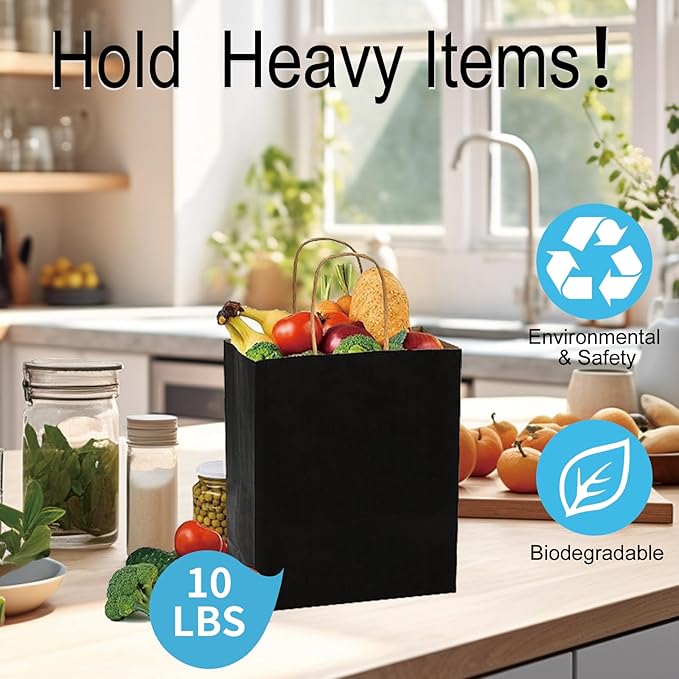 BAG BOX 25 Pack Medium 8.25x4.3x10.6 Inch Black Kraft Paper Gift Bags with Handles for Bulk Shopping, Retail, Craft, Party Favors, Wedding, Grocery & Sacks