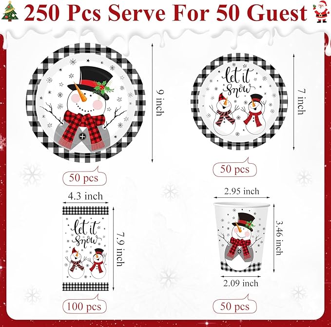 250 Pcs Christmas Snowman Paper Plates and Napkins Party Supplies White Black Buffalo Plaid Winter Disposable Tableware Set for Christmas Winter Holiday Xmas Party Decoration