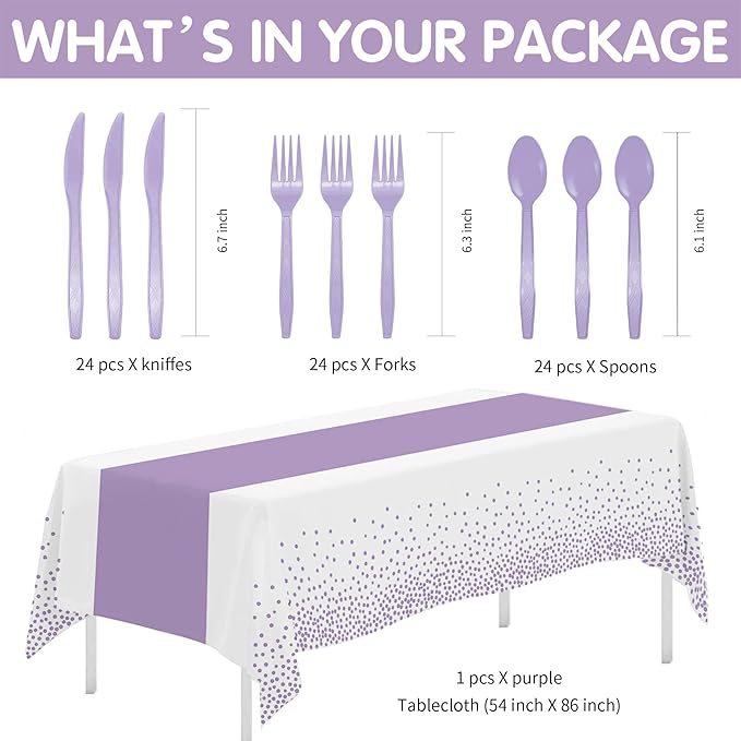 Purple Party Decorations Supplies Tableware, Light Purple Plates And Napkins, Tablecloth Printed Table Runner, Cutlery, for Birthday Baby Bridal Shower Wedding Anniversary, Serves 24