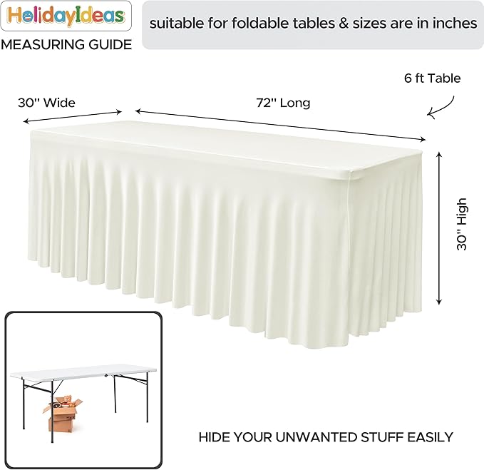HolidayIdeas Spandex Table Skirts for Rectangle Tables 6 Ft, Fitted Stretch Table Cover 30x72 Inch, Wrinkle-Free Ruffle Design Tablecloths for Banquets,Trade Shows, Parties, Events, 4 Pack, Beige