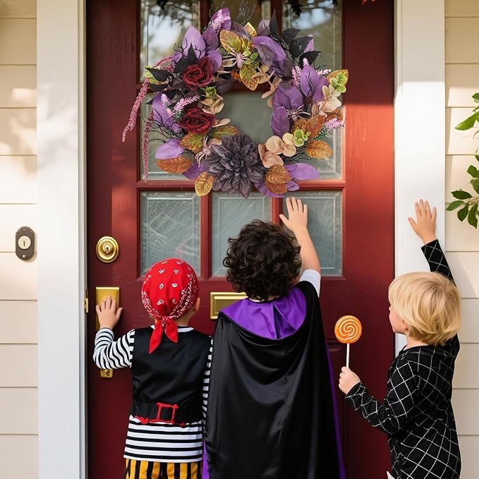 18 Inch Halloween Wreath for Front Door, Gothic Wreath with Spiders and Black Roses, Creepy Outdoor Indoor Decor for Window, Mantel, Wall, Fireplace - Durable Artificial Decorations