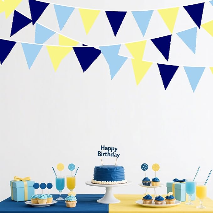 32Ft Blue Yellow Party Decorations Yellow Blue Triangle Flag Pennant Banner Fabric Garland Streamers for Capri Lemon Birthday Nautical Bridal Baby Shower Mediterranean Sea Party Festivals Supplies