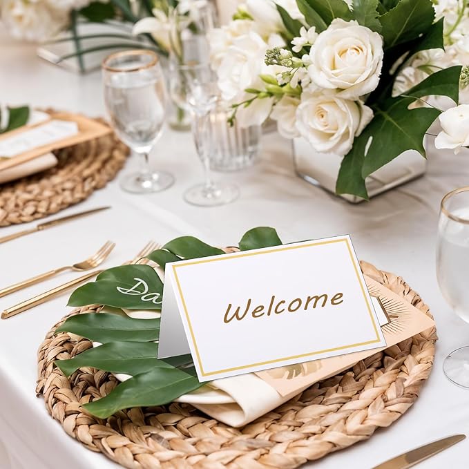 50 Pcs Place Cards for Table Setting, 2×3.34inch Table Tent Cards with Gold Foil Border, Food Labels for Party Buffet, Name Seating Cards for Weddings, Banquets, Events, Dinner Parties(White)
