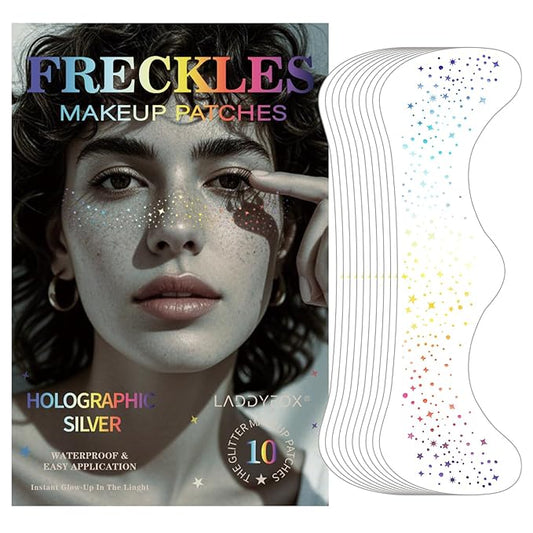 10 Pcs Face Holographic Laser Makeup Patches, Holographic Multichrome Glitter Freckles Face Tattoo, Glitter Freckles, Sparkle and Waterproof Face Glitter Temporary Tattoos for Women