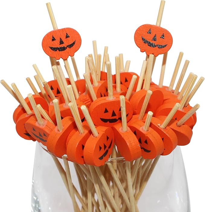 BLUE TOP 200PCS 4.7 Inch Halloween Pumpkins Bamboo Cocktail Picks Bamboo Toothpicks Fruit Picks for Home Party Appetizers Cocktail Decorations Charcuterie Board