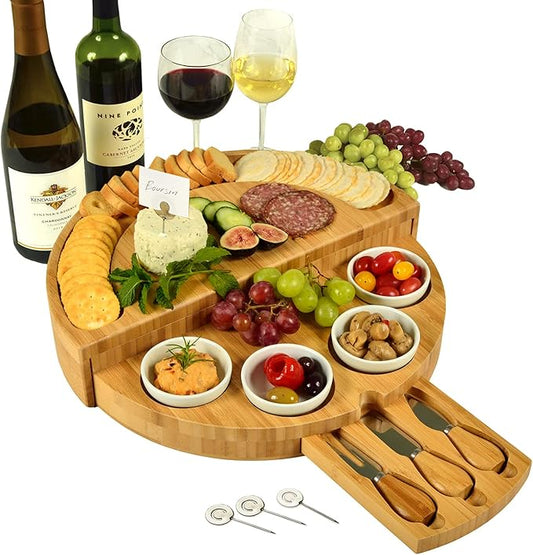 Picnic at Ascot Deluxe Bamboo Cheese/Charcuterie Board with Accessories & Cheese Markers - Innovative Patented Design - Quality Assured in The USA