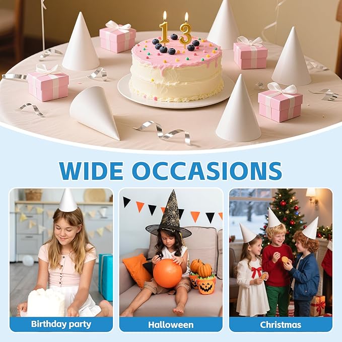 White Paper Party Hats for Kids Birthday,Decorative Bulk Cone Crafts for Adults Art DIY, Halloween Supplies（20/40/60）