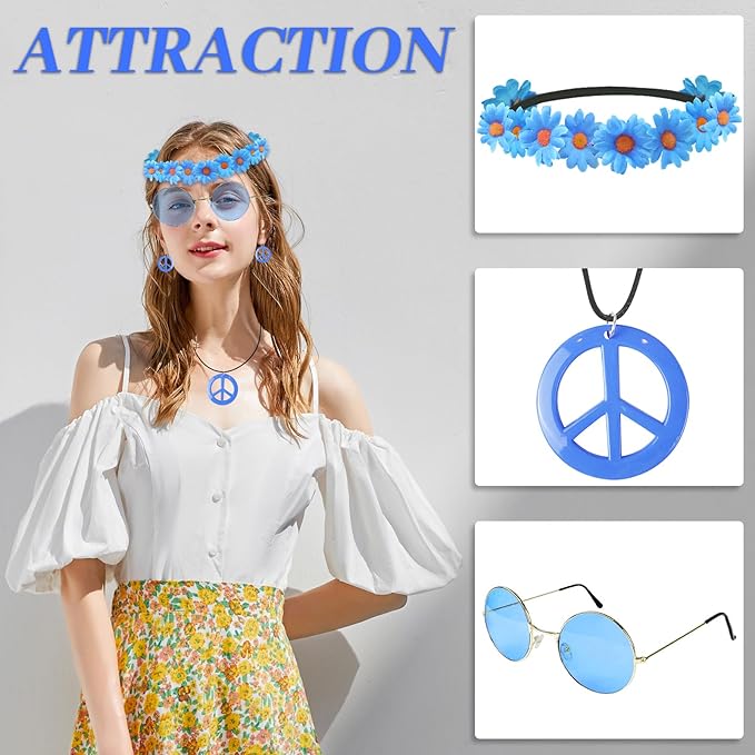 Hippie Costume Set Includes Peace Sign Necklace and Earring, Flower Crown Headband and Sunglasses 60s 70s Party Accessories