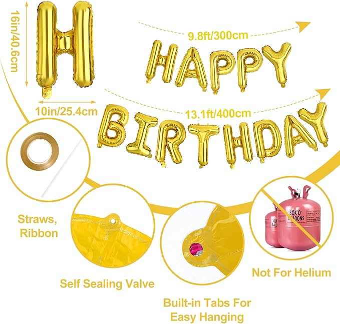 LIOZEOKUN Happy Birthday Balloon Letters 16 inch Mylar Foil Birthday Balloons Banner Sign for Birthday Party Decorations Supplies (Gold)