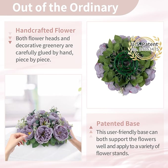 NUPTIO Artificial Flowers Ball Centerpieces: 10 Pcs 9.8 Inch Diameter Fake Kissing Rose Floral Balls for Wedding Party Bridal Shower Valentine Home - Purple Bouquet Arrangement Decorations for Table