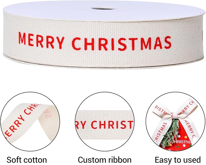 Ribest Merry Christmas Ribbon, 5/8 Inch × 10 Yards, Christmas Cotton Natural Ribbon for Gift Wrapping Crafts Bows Home Decor