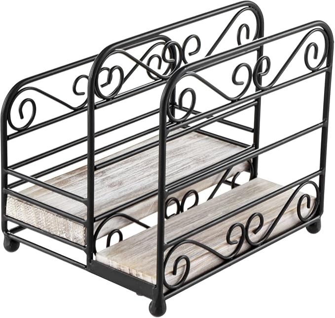 MyGift 2-in-1 Disposable Napkin and Salt & Pepper Caddy, Black Metal Vintage Scrollwork Dinner Table Paper Towel Condiment Holder with Shabby White Washed Solid Wood Base
