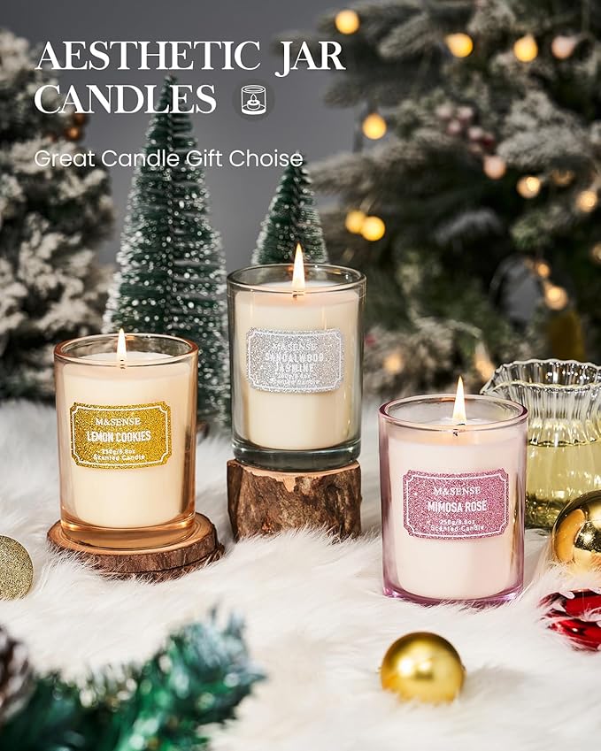 M&SENSE Sandalwood Jasmine Scented Candles, Classic Size 8.8 oz Glitter Jar Candle, Holiday Natural Candles Gifts for Women, 50 Hours Long Burning Candle for Winter Home Decor