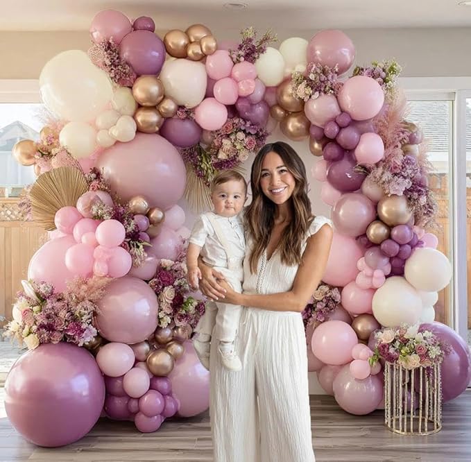 Dusty Purple Pink Balloon Garland Double Stuffed Boho Lavender Sand White Balloon Pastel Pink Lilac Gold Balloons Arch Kit for Wedding Birthday Bridal Baby Shower Floral Butterfly Party Decoration