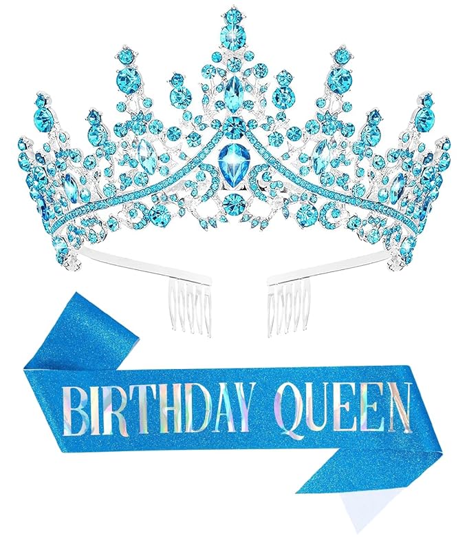 Birthday Tiara Crown with Sash for Women, Headband Hair Accessories for Wedding Party Costume (A-Blue)