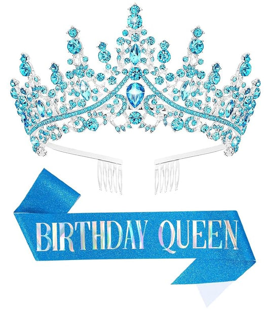 Birthday Tiara Crown with Sash for Women, Headband Hair Accessories for Wedding Party Costume (A-Blue)