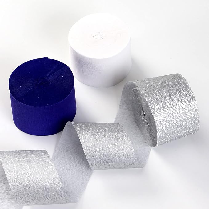 Navy-Blue White- Silver Crepe Paper Streamers - 9 Rolls Royal Blue Graduation 2025 Men Boy Birthday Party Decorations Streamer Wedding Bridal Shower Paper Garland Fathers Day Decor Panduola