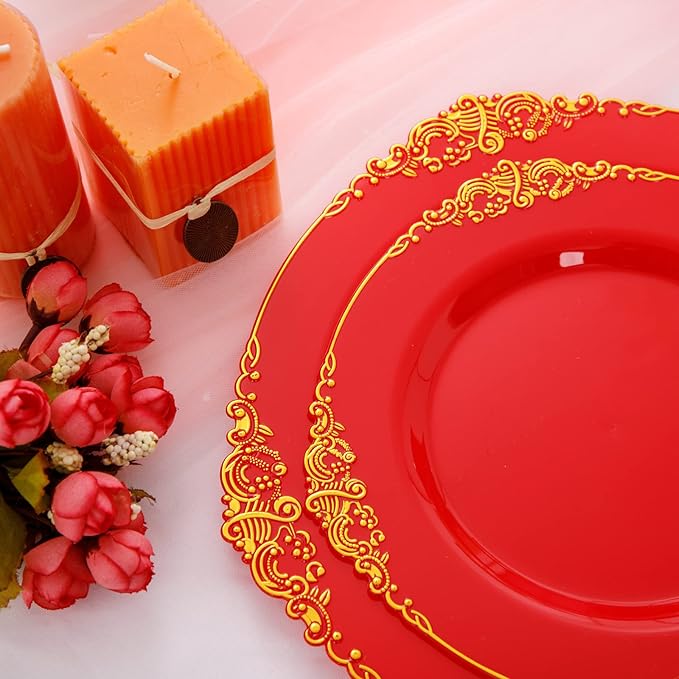 Morejoy 175PCS Red Plastic Plates,Red Disposable Plates With Gold Rim,Red and Gold Plastic Dinnerware Set Includes: 50 Plates,25 Silverware Sets,25 Cups,25 Napkins,Perfect for Party,Wedding
