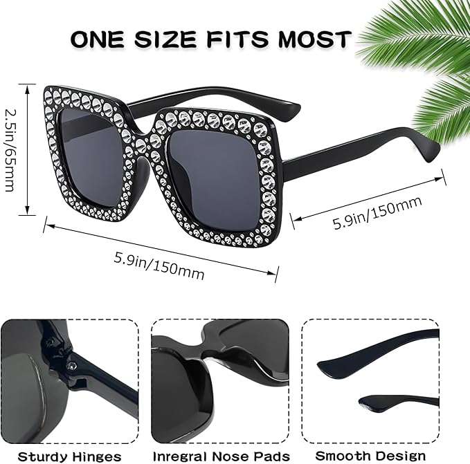 10/20 Pack Crystal Oversized Square Sunglasses Retro Diamond Glitter Sparkling Disco Glasses Party Favors