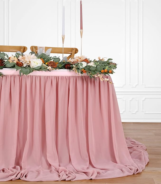 Chiffon Table Skirt Dusty Rose 9ft Sheer Tablecloth for Wedding Sweetheart Table Party Table Decoration Rectangle Tables or Round Tables