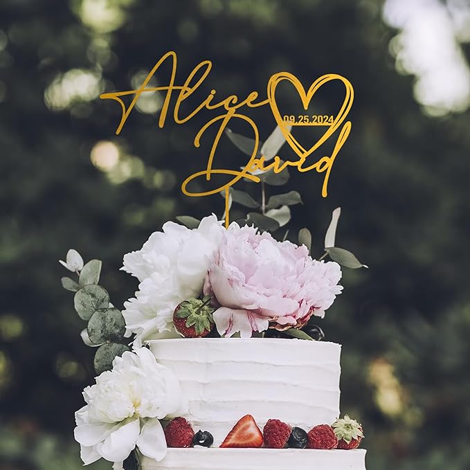 Noni Luxury Personalized Wedding Cake Topper with date and hear, Custom Cake topper, Gold Cake Topper wedding, Rustic Wedding Cake Topper, Mr and Mrs Topper for Wedding Cake, Personalized Cake Topper