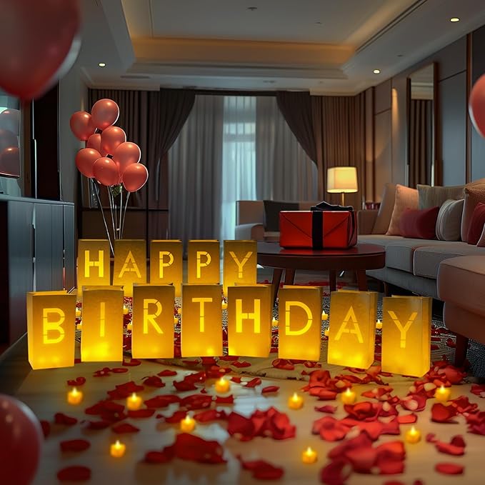 Homemory Happy Birthday Light Up Letters Luminary Bags with Flameless Candles and Fake Rose Petals, Happy Birthday Sign Party Decoration for Women Men