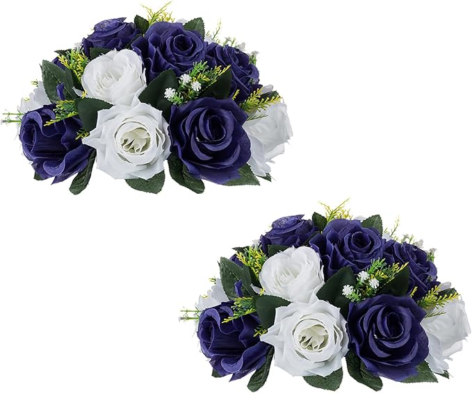 NUPTIO Artificial Flower Centrepieces for Tables - 2 Pcs 9.5in Diameter Navy Blue & White Fake Flowers Roses Balls - Silk Faux Rose Arrangement for Wedding Party Centerpiece Table Decorations