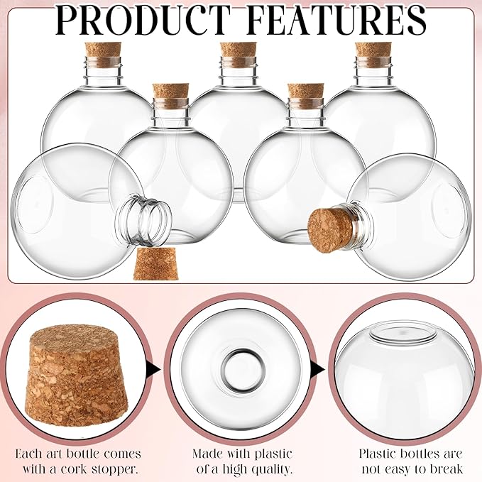 Jinei 30 Pcs 6 oz Ball Shape Plastic Sand Art Bottles Spherical Clear Plastic Potion Bottles Christmas Cocktail Ornament Balls for DIY Wedding Party Gift Crafts Decoration(Wood Color, Cork)