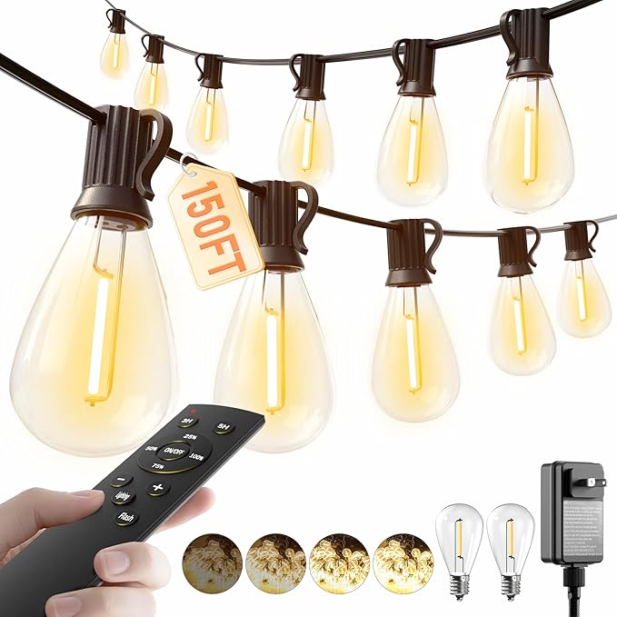 luckystyle 150FT LED Outdoor String Lights with Remote, 55+2 Shatterproof Bulbs Waterproof and Dimmable Patio Lights for Porch, Garden, Backyard, Deck, Balcony, 2700K Hanging Lighting