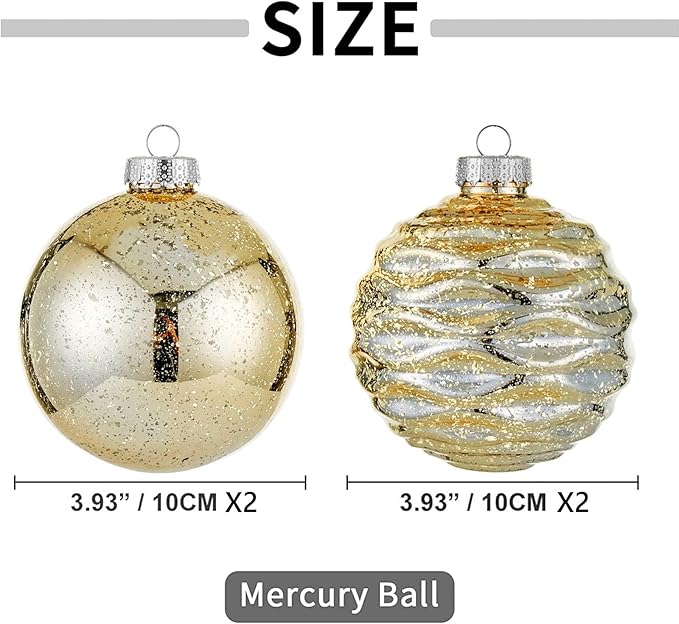 Large Christmas Ball Ornaments, Oversized Shatterproof Plastic Decorative Hanging Mercury Ornaments Ball for Xmas Holiday Party Decorations (Gold, 4.0")
