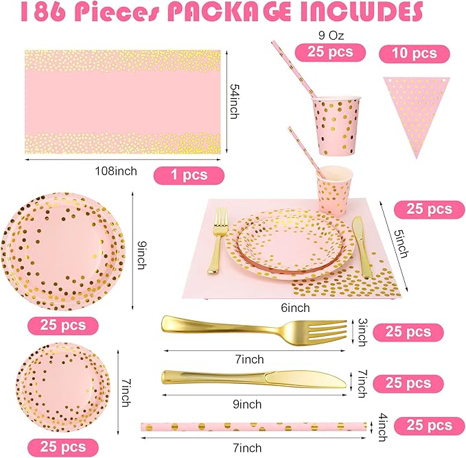 Sylken 186 Pieces pink and Gold Party Tableware Set - 25 Guests Paper Plates, Napkins, Paper Cups, and Tableware for Wedding Shower, graduations, cocktail parties , Birthday etc.