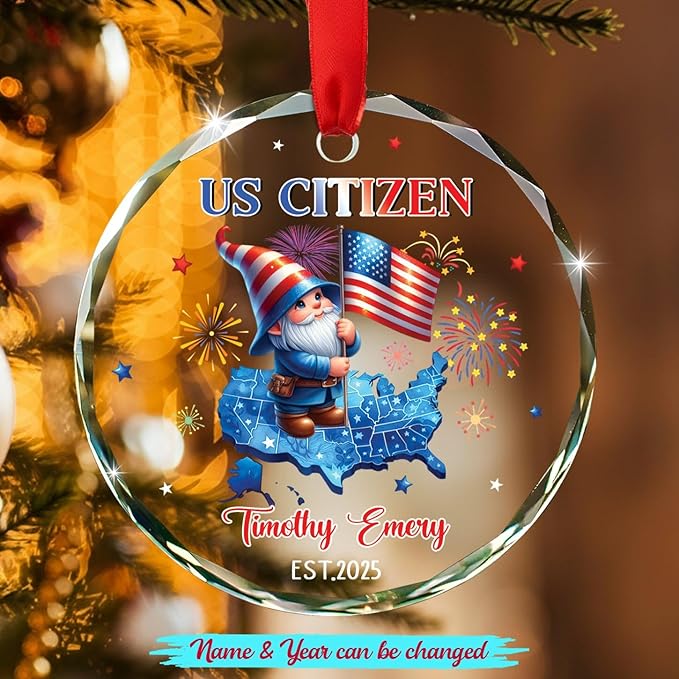 Personalized US Citizen Glass Christmas Ornament Gift for Men Women US Citizenship, Customized Choose Year & Name New American Citizen Keepsake Ornament, American Citizenship Xmas Decor Ornaments