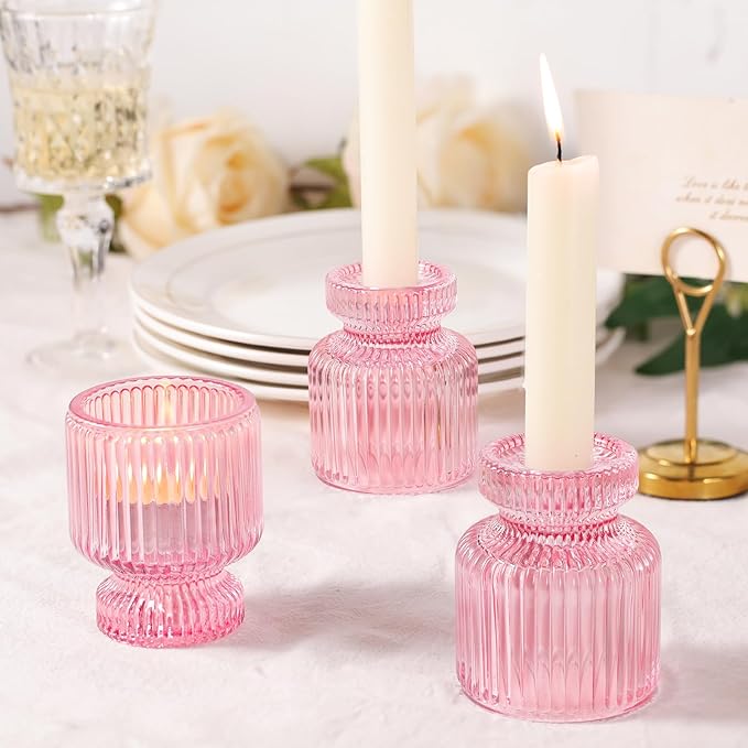 DARJEN 6 Pcs Pink Candlestick Holders - Glass Taper Candle Holders Tealight Votive Candle Holders for Table Centerpieces, Wedding, Dinner Party, Home, Gifts