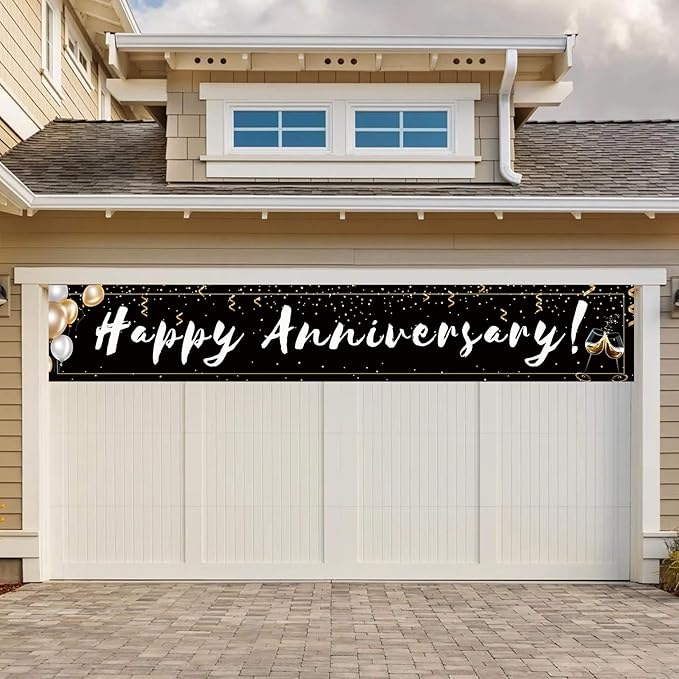 Romantic Happy Anniversary Decorations Banner - Black 118"x20" Bilingual "Feliz Aniversario" Sign, Extra Large Reusable Wedding Party Decor for Indoor Outdoor