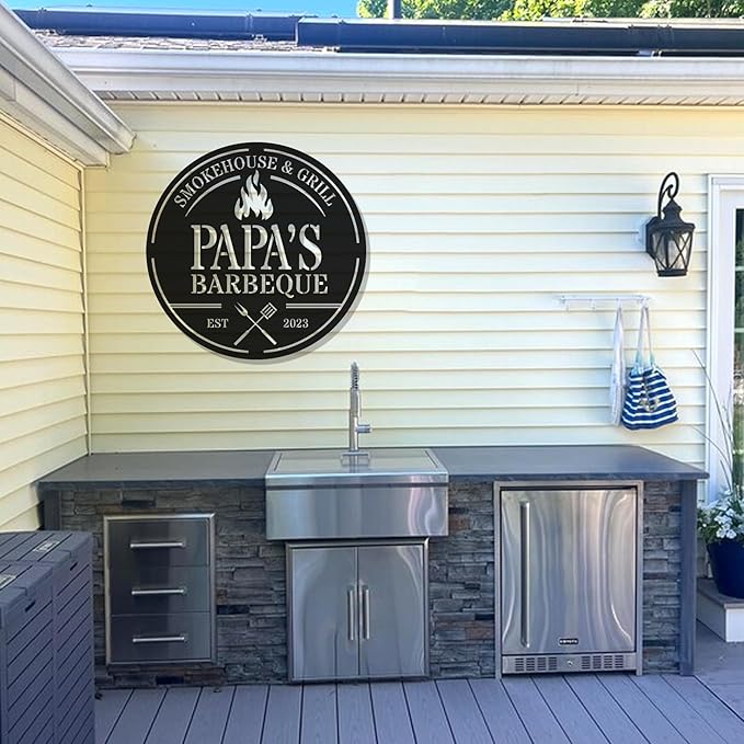 Personalized BBQ Grill Metal Sign - Custom Barbecue Kitchen Hanging Decor - Outdoor Patio, Porch Accessories - Gifts for Dad, Grandpa, Husband, Pop