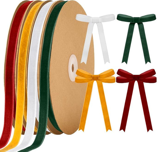 Chuangdi 80 Yards Christmas Velvet Ribbon, 4 Rolls 3/8" Xmas Velvet Ribbon for Gift Wrapping Christmas Tree Wreath Ornaments DIY Crafts Decoration, Red Green Khaki White